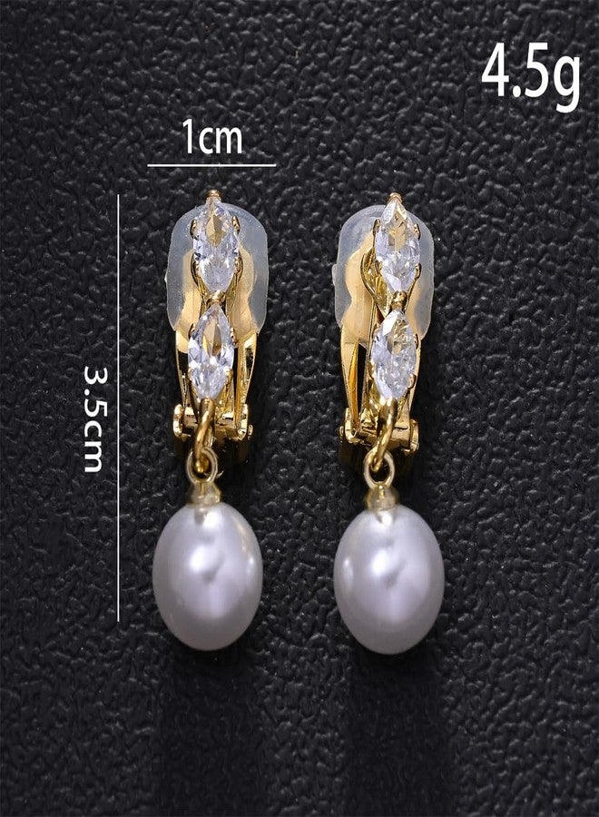 XSBODY Gold Pearl Clip on Earrings for Women Dangle Jewelry Elegant Small Cubic Zirconia Drop Earrings for Bridal Bridesmaid Wedding Jewelry Non Pierced - Image 2